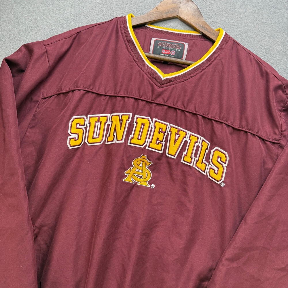 VTG ASU Sun Devils Windshirt Pullover Jacket Men L Maroon Polyester V-Neck NCAA